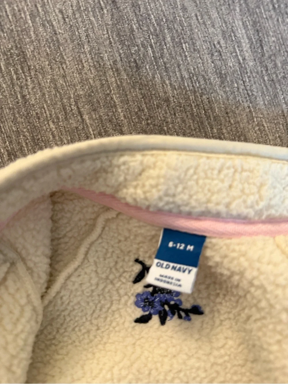 Cream Sherpa Kids Jacket with Blue Floral Embroidery